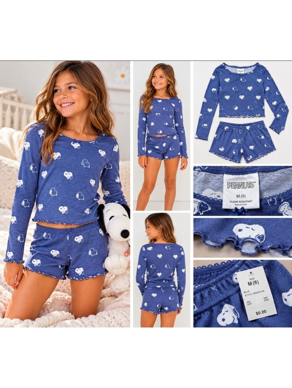 Peanuts Snoopy Girls Pajama Set Size M 8 Blue Long Sleeve Top Shorts NWT